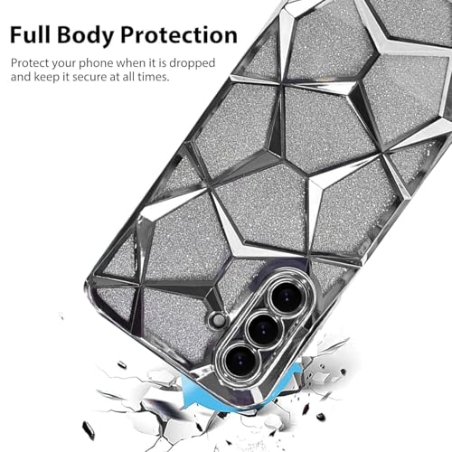 Image of VONZEE Gradient Glitter Case for Samsung A36, Luxury Electroplated 3D Cube, Diamond Bling Shiny Soft TPU Clear Shockproof Women Girls Protective Phone Cover (Silver)