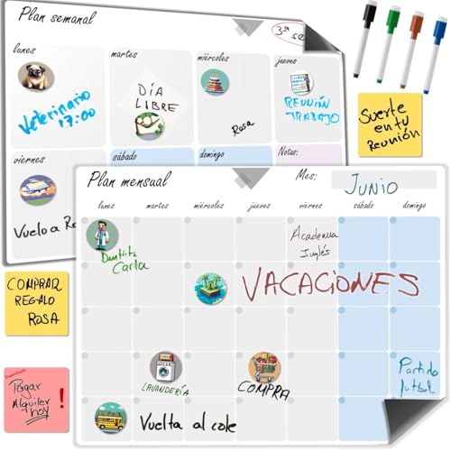 XOLULA Calendario magnetico Nevera, Incluye Stickers, Blocs de Notas y Rotuladores | Fácil de Limpiar y de Pegar en Nevera, Pizarra magnetica Nevera, Pizarra Nevera magnetica, Pizarra Calendario