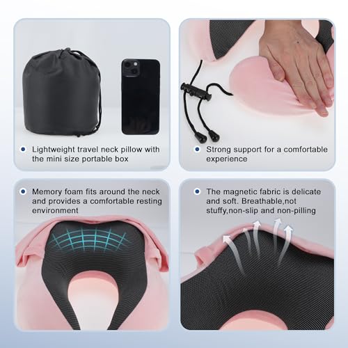 Almohada de viaje espuma viscoelástica con capucha rosa miniatura 3