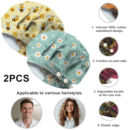 DELORIGIN 2 Stück Daisies Bee Peeling Hauben Mit 4 Knöpfen Krankenschwester Kappe Aus Baumwolle Elastische OP Mützen Koch Bouffant Kappe Für Damen Und Herren Kopfbedeckung Einheitsgröße