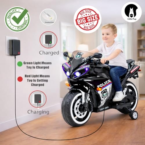 Image of LITTLE PUP 12V Battery Operated Ride on Bike for Kids of Age 2 to 8 Years- Electric Rechargeable Kids Bike with Hand Race, Music,Led Lights - (Black)