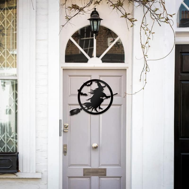 RealSteel Witch Halloween Decoration - Metal Broom Riding Décor - Scary Indoor Outdoor Wall Sign for Haunted Houses - Wicked Witch Flying Porch Art - Flying Bats Front Door Art (12, Black)
