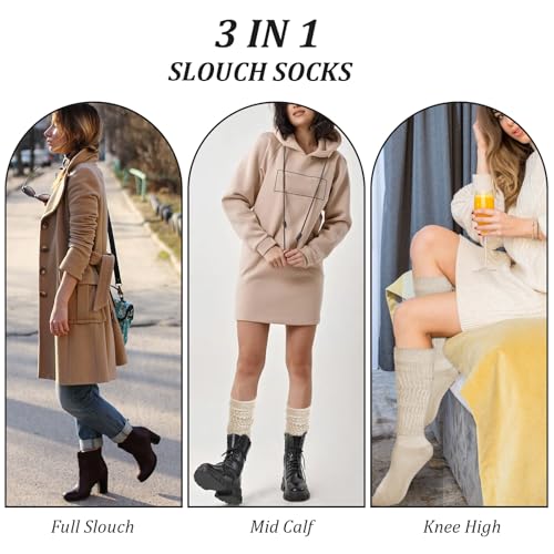 Image of Yolev Women's 3 Pairs Slouch Socks - Knee High Scrunch Socks - Cotton Knit - Extra Long - Soft - High Boot Socks (Black, White, Ice Cream Color) - One Size Fits Most (US 5-11)