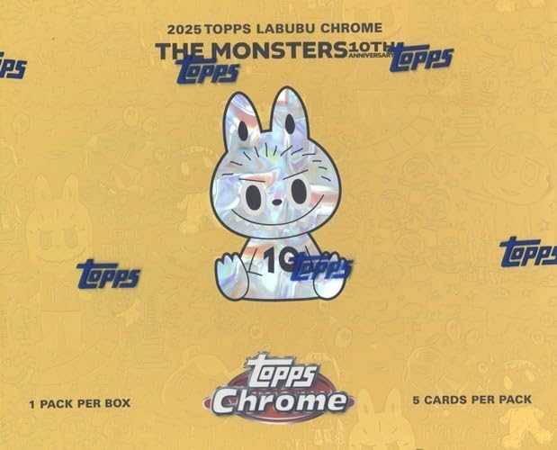 2025 Topps CHROME Labubu 10th Anniversary Factory Sealed HOBBY Box with (4) CHROME Base&One CHROME PARALLEL Card! Plus Collectible Key Ring! Features Artwork from Labubu Creater&Artist Kasing Lung!