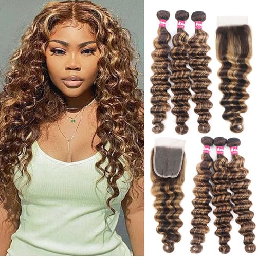 Highlight Brazilian Bundles Human Hair with Closure(16/18/20+16inch) 10A Honey Blonde