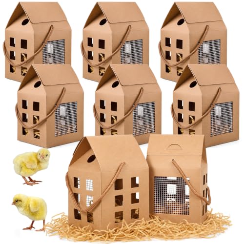 Maitys Chicken Birthday Party Favor Boxes Farm Animal Foldable Chicken Box with Raffia Grass Bow Paper Treat Goodie Boxes for Adopt Chick Party Birthday (House,7'' X 4.5'' X 4'',12 Pcs)