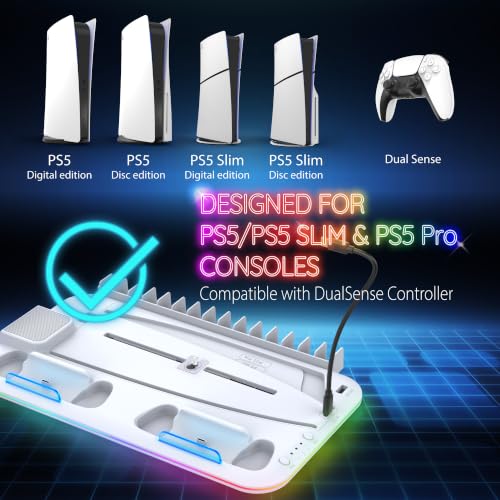 Image of Fosmon for PS5 /Slim /Pro Cooling Station and Charging Stand Vertical Controller Charger, Fan Cooler System with RGB Light,15 Game Slot, USB Port, Gaming Headset Holder for PS5 Console Accessories Kit