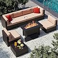 Vongrasig 8 Pieces Patio Furniture Set with 43" Fire Pit, Outdoor Couch Sectional Set, Small Conversation Set, 50,000 BTU Gas Fire Pit Propane Fire Table with Lid, Beige