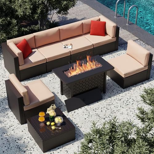 Vongrasig 8 Pieces Patio Furniture Set with 43' Fire Pit, Outdoor Couch Sectional Set, Small Conversation Set, 50,000 BTU Gas Fire Pit Propane Fire Table with Lid, Beige