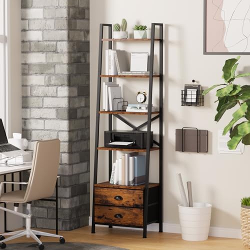 Furologee 5-Tier Ladder Shelf With 2 Drawers,Narrow Bookshelf Storage Shelves,Industrial Bookcase Freestanding Shelf Units For Bedroom,Living Room,Bathroom,Home Office,Balcony,Wood Metal,Rustic Brown thumb #4