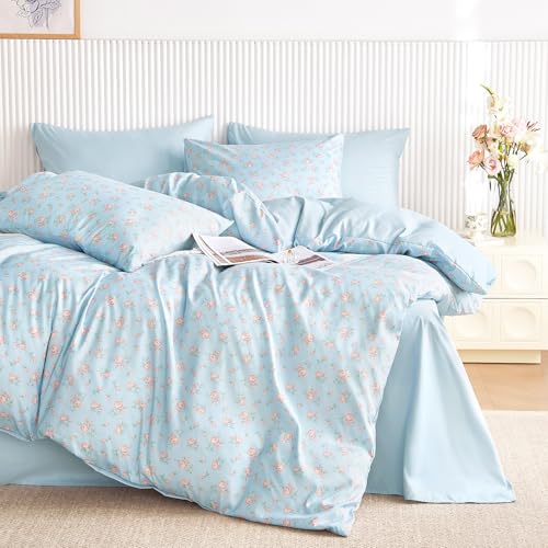 Image of Wake In Cloud - Floral Comforter Set, Coquette Cottagecore Aesthetic Flower Shabby Chic Pattern for Women Teen Girls, Soft Lightweight Bedding, 3 Pieces, Blue Pink, Queen Size