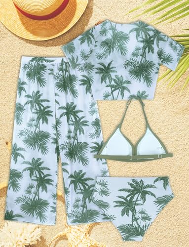 Image of Happy Cherry Girl's 4PCS Swimsuits Tropical Print Halter Bikini Set Bathing Suits with Kimono and Cover Up Pant Boho Swimwear