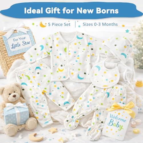 Image of SNOWIE SOFT 5Pcs Set New Born Baby Clothes 0-3 Months with Cotton Long Sleeve Top and Pants, Gloves, Socks, Bear Ear Hat, Infant Clothes 0-3 Months New Born Baby Gifts Shower Gift