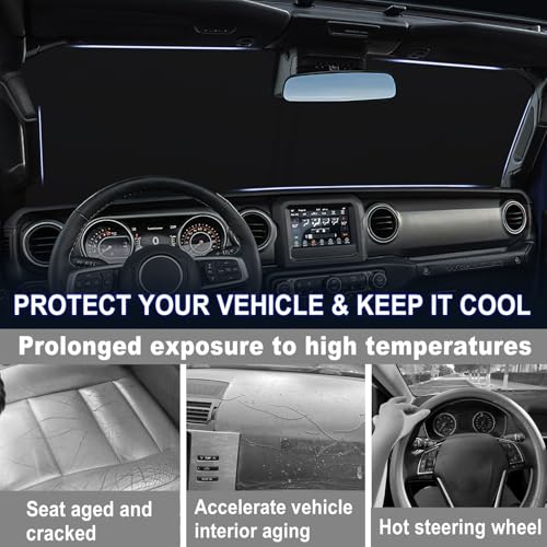 Image of Windshield Sun Shade for 2018-2026 Jeep Wrangler JL JLU & 2020-2026 Gladiator JT, 310T Polyester Foldable Front Window Shade Cover, Full Coverage UV Heat Blocker, Keep Interior Cool