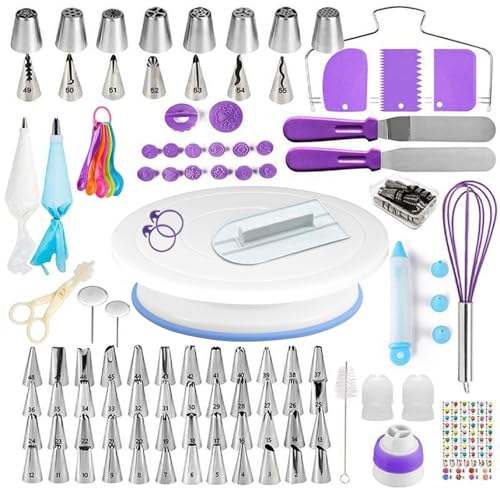 Torten Zubehör Set, 137-teiliges, mit Drehteller Tortenplatte Drehbar, Edelstahl und PP-Material, Lnklusive Kuchenschaber, Spritztüllen Set Cake Decorating Turntable für Anfänger und Profis(Lila)