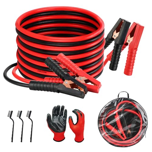 Jump Leads   Cables de arranque de batería de coche y furgoneta, resistentes de 2000 amperios, 4 metros de largo, para arrancar a gasolina y diésel con guantes, cepillos y bolsa