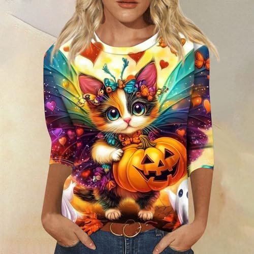 Cute Funny Halloween Shirts for Women Plus Size 3/4 Length Long Sleeve Womens Tops Witch Gothic Renaissance Shirt
