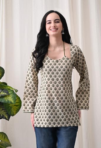 Image of MEERA FAB Women Cotton Printed A-Line Tunic Top with Square Neck | Floral Printed Halter Strap Detail & Bell Sleeves | Short Kurti for Women