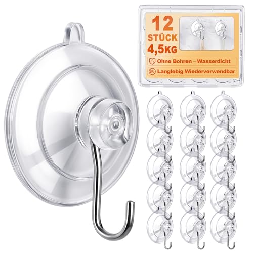 12 Stück Saugnapf Haken - Ø45 mm Bis 4,5kg Saughaken Extra Starker Halt Ohne Bohren, Wasserdicht & Wiederverwendbar für Fliesen Dusche Badezimmer Küche Glas Fenster Camping Auto Weihnachtsdeko