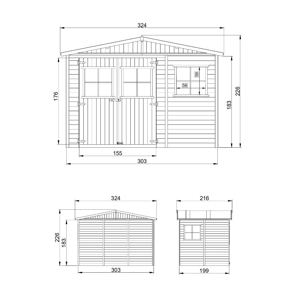 Abri de Jardin en Bois Naturel - Stockage extérieur avec fenêtres- H226x324x216 cm/6 m² Hangar en Bois Naturel - Atelier Rangement Outils et vélos- Timbela M334