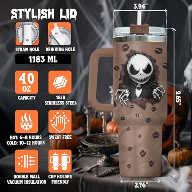 40oz Printed Tumbler with Handle and Straw ¨C Nightmare Before Coffee ¨C Stainless Steel Insulated Travel Mug for Gothic Coffee Lovers