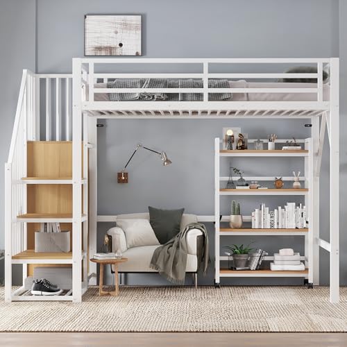 Merax Hochbett Metallbett 90x200cm, Platzsparend Etagenbett mit Offener Kleiderschrank, Vierstöckiges Regal mit Rollen, Stockbett mit Rausfallschutz, Sichere Treppe, Funktionsbett Jugendbett, Weiß – Bild 4