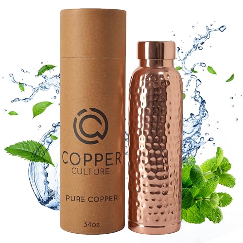 Image of 100% Pure Copper Water Bottle for Drinking Water - 34 oz (1000ml) Hammered Finish with Leak-Proof Lid | Copper Vessel for Yoga, Gym, Office, Home & Travel