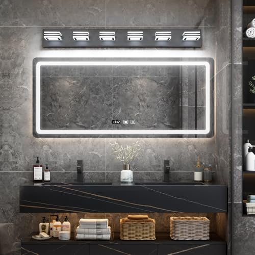 Image of SOLFART Modern LED Dimmable Bathroom Light Fixtures Over Mirror Led Vanity Lights Modern Black LED 6 Light Vanity Light