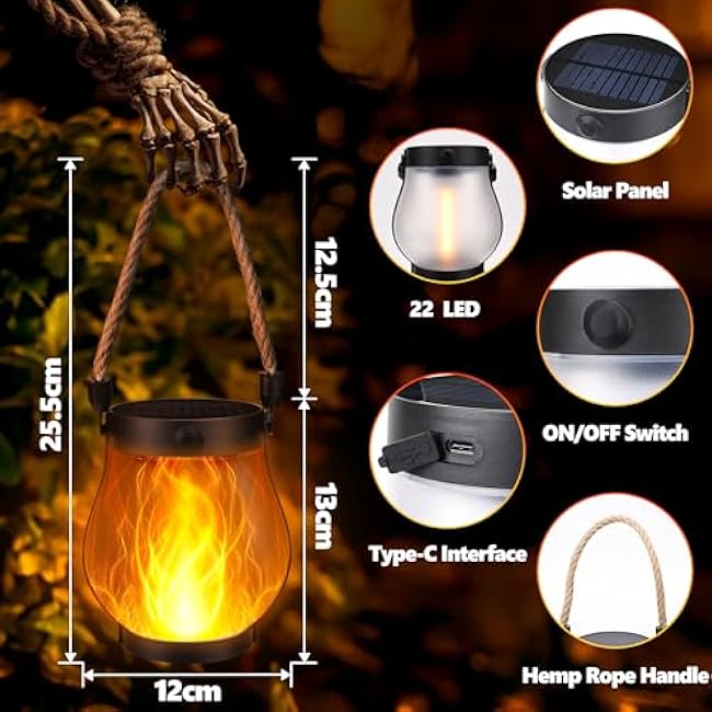 Solar Flame Lantern Hanging Outdoor Waterproof - 2 Pack Flame Lanterns with Dual Charging Modes of Solar & USB for Garden or Yard Decorations (Warm White - 2 Pack)