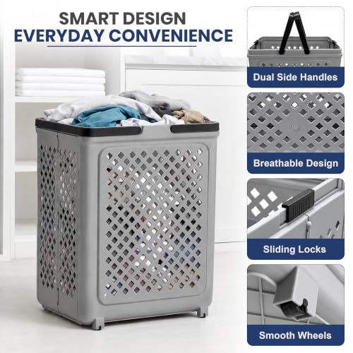 Image of JD FRESH Large 45 Liters Foldable Laundry Basket /Multipurpose Laundry Bag for Clothes with Wheels and Integrated Handles /Movable Plastic Clothes Basket /Laundry Bucket for Home & Laundry Room (Grey)