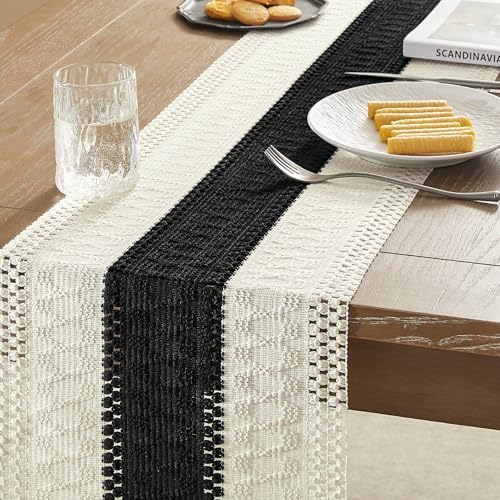 Image of ZeeMart Macrame Style Bicolor Stitching Table Runner, 12 x 108 Inch Black /Ivory, Boho Black Table Runners 108 Inches Long, Farmhouse Woven Home Decor