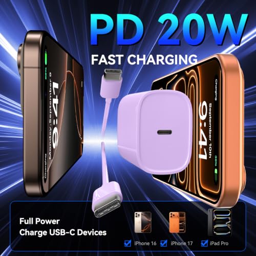 Image of Phone 17 16 15 Pro Charger Fast Charging, 20W USB C Fast Charger Block with 10FT Long Type C Chargers Fast Charging Cable Cord for Phone 17 /17 Pro /17 Pro Max /Air /16 Pro Max /16 Pro /15Pro-Lavender