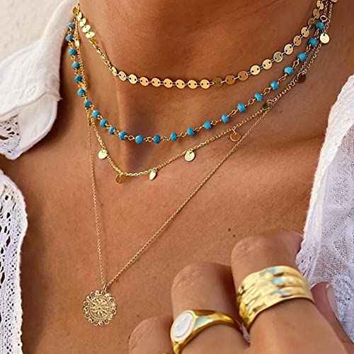 Taichell Gold Layered Turquoise Necklace For Women Girls Multi Boho Turquoise Long Necklace Bohemian Coin Pendant Necklace Jewelry (Gold) #TOP1