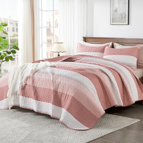 Image of Andency Queen Quilt Bedding Set Blush Pink, 3 Pieces Patchwork Summer Striped Ultra Soft Lightweight Bedspreads, Coverlets Set with 2 Pillow Shams for All Seasons (90 inchx96 inch)