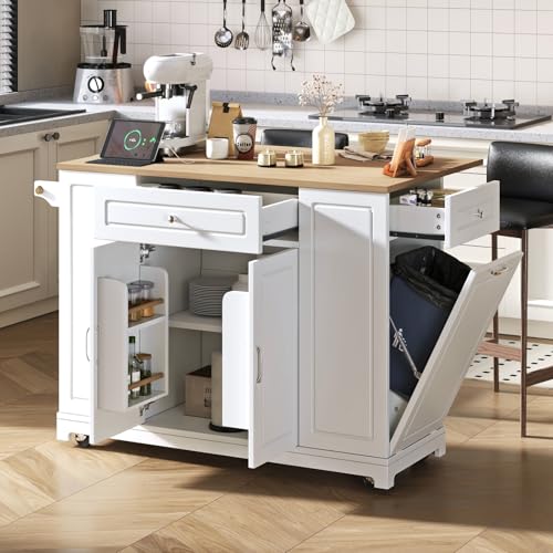 YEHTOKHOME Îlot Central Cuisine avec Station de Charge, Desserte de Cuisine avec Plans de Travail Extensibles, 2 Tiroirs, 2 Portes, Poubelle Intégrée, Porte...
