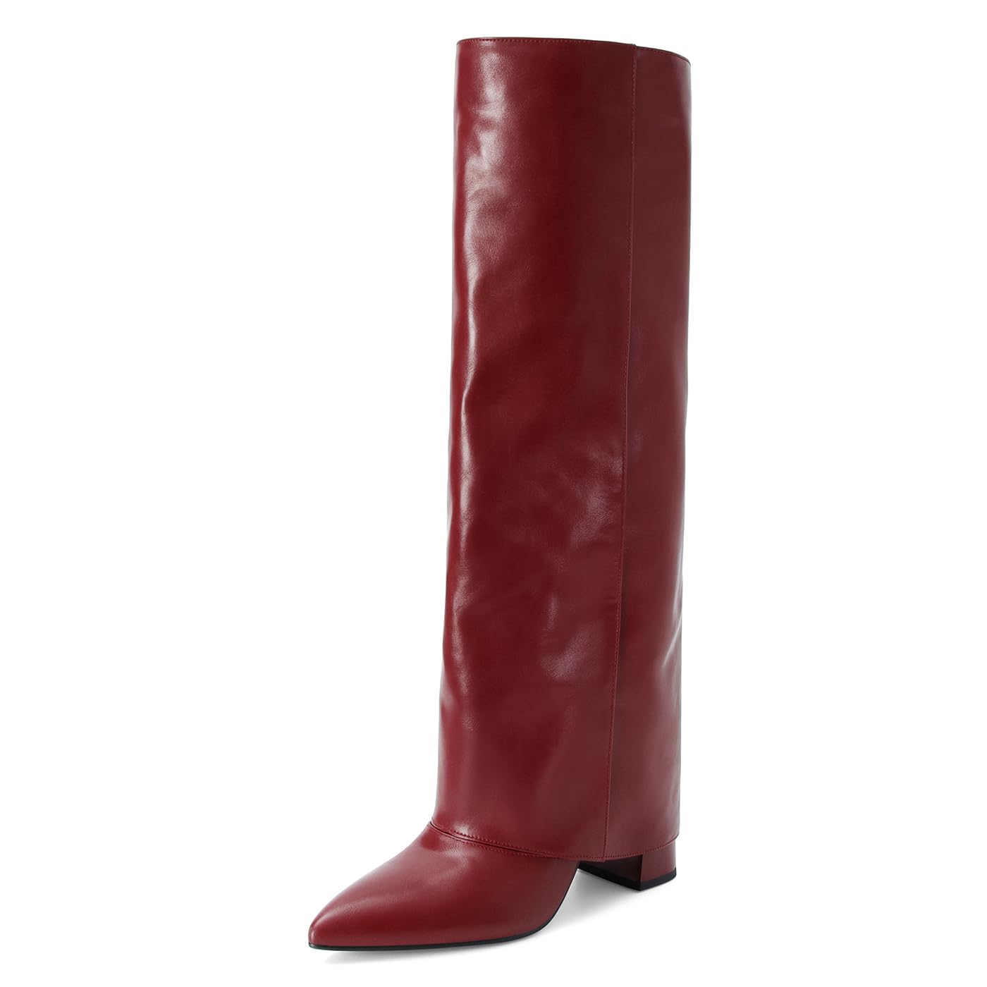 Dsevht Black Leather Knee High Boots for Women Fold Over Chunky High Heel Pull on Pointed Toe Tall
