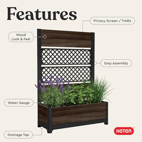 Image of Keter Outdoor Planter Box with Privacy Screen and Trellis - 26 Gallon Raised Garden Bed for Climbing Plants & Flowers - Wood-Look Resin, Weather-Resistant Divider for Patio, Balcony & Backyard