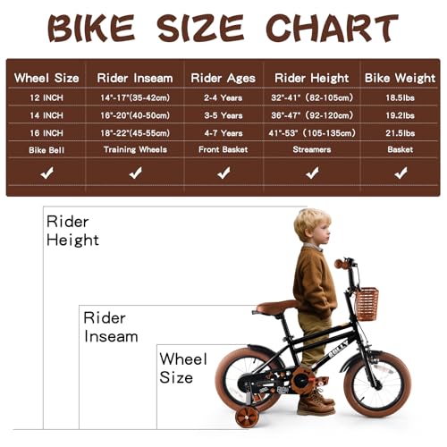 Image of RULLY 12 14 16 Inch Boys' Bike for Kids Ages 2-6, Toddler Bicycle with Training Wheels, Coaster Brake & Handbrake, and Front Basket(Blue Black Green)