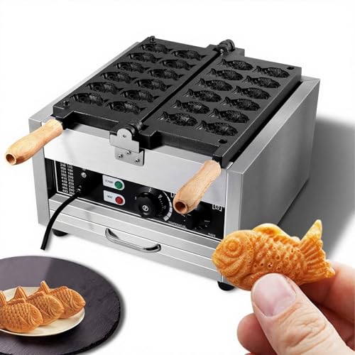 Piastra per waffle Taiyaki Fish, piastra elettrica professionale da 1400 W con controllo della temperatura e timer per casa e ristorante, design a 14 fori,