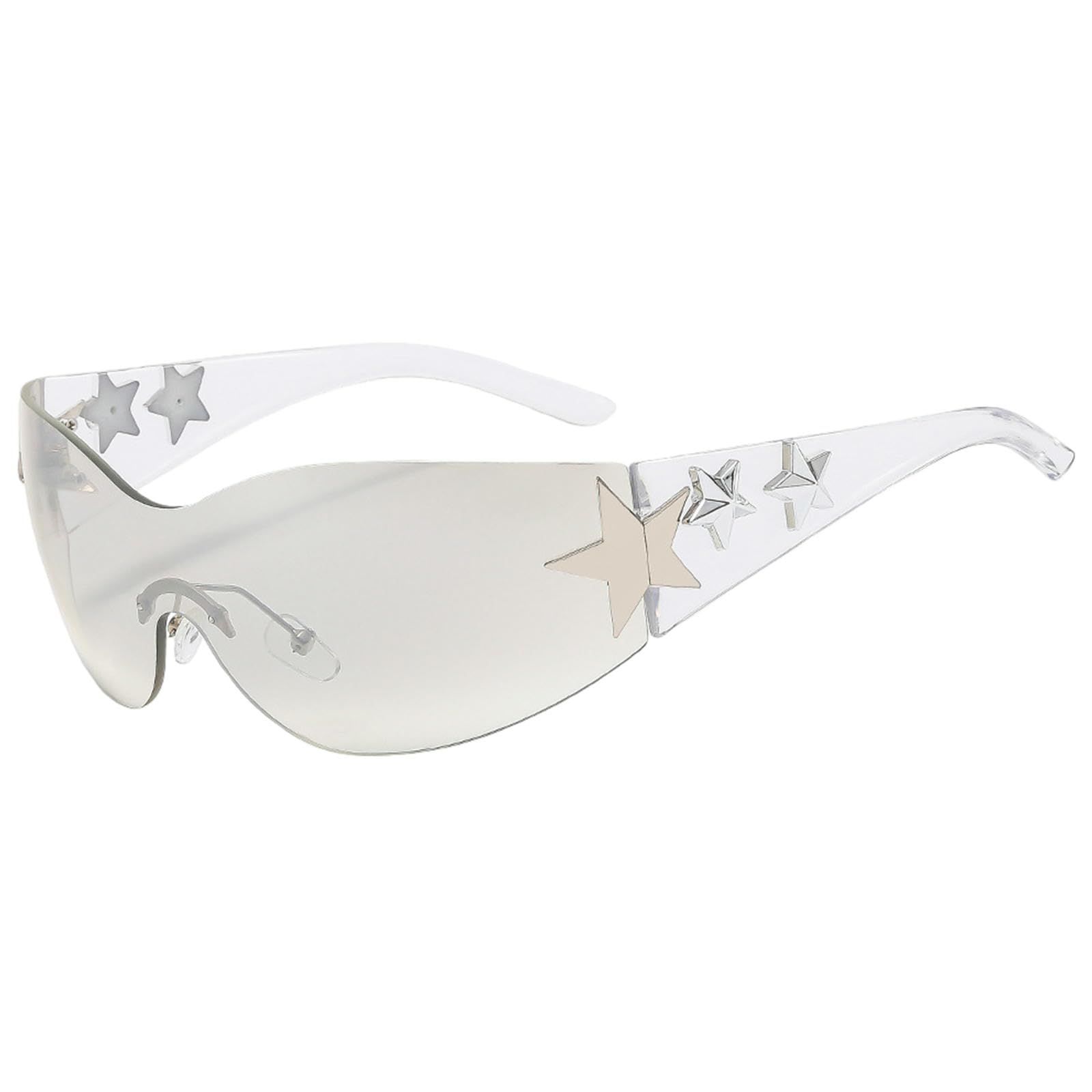 Gyios Women's Transparent Temples/Light Silver Mirror Sunglasses Rimless Star For Men, Oversized Wrap Around Shades One Piece Unisex