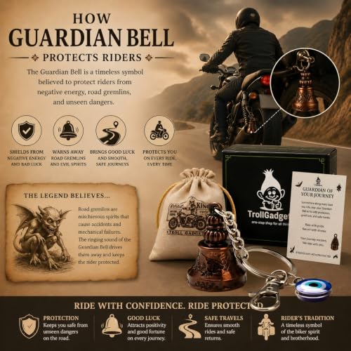 Image of TrollGadgets Premium Guardian Bell Keychain for Bike & Car | Tibetan Texture Bell Keychain with Evil Eye & Silver Hook | Good Luck Charm with Laser-Engraved Box And Potley