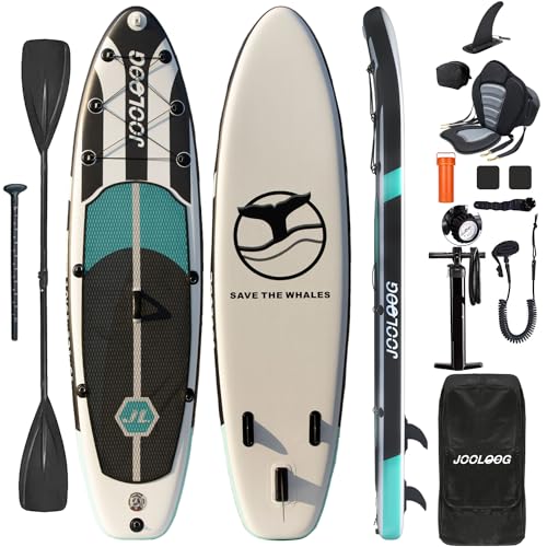 JOOLOOG Inflatable Stand Up Paddle Board, 320x81x15cm Inflatable Paddleboard SUP with Premium Accessories, for All Levels,Black Green