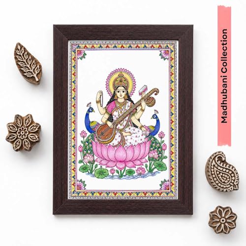 Image of PAPER PAJAMA Goddess Saraswati Vastu Wall Art for Living Room | Madhubani Saraswati Mata Painting with Veena | Traditional Mithila Religious Framed Decor for Home, Office & Study Room (10x13 Inches)