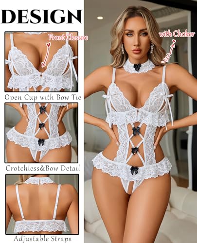 Avidlove Womens Lace Teddy Bodysuit Lingerie Set with Choker V Neck White S - image 3