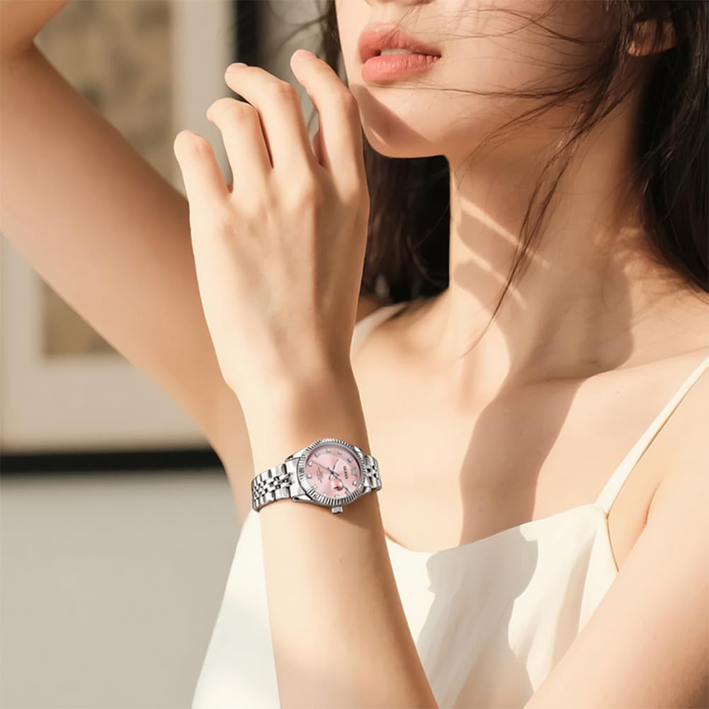 OLEVS Damenuhr Elegante Wasserdicht Klassische Frauen Uhr mit Quarzwerk, Modisches Design mit Datumsanzeige Leuchtzeiger Armbanduhr Damen Exquisites Design für Damen Schlicht Armbanduhren
