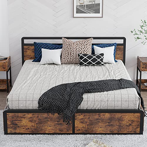 Likimio Queen Bed Frame With Storage, Adjustable Headboard And 4 Drawers, Sturdy And Practical, No Noise, No Box Spring Needed, Easy Assembly, Vintage Brown #TOP2