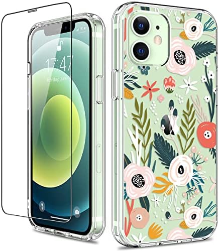 GiiKa for iPhone 12 Case, iPhone 12 Pro Case with Screen Protector, Clear Full Body Protective Floral Girls Women Shockproof Hard Case with TPU Bumper Cover Phone Case for iPhone 12, Blossom Flower