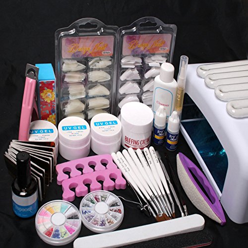 Pro Nail Art UV Gel Kit 36W UV lamp Timer Dryer Brush Buffer Tool Nail Tips Glue Acrylic Set #50
