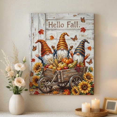 Lienzo decorativo de gnomos con girasoles rústicos y hojas de otoño para el hogar
