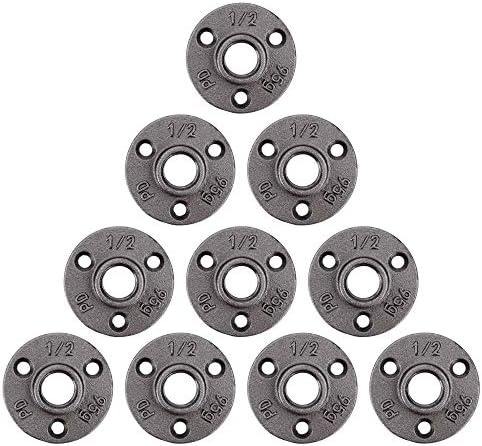 PIPE DÉCOR 1/2" Industrial Flange 10 Pack Half Inch Black Floor Flange Malleable Cast Iron Pipes Fittings Decorative Plumbing Decor for Design or Custom Steampunk Furniture Threaded Steel Flanges Ten